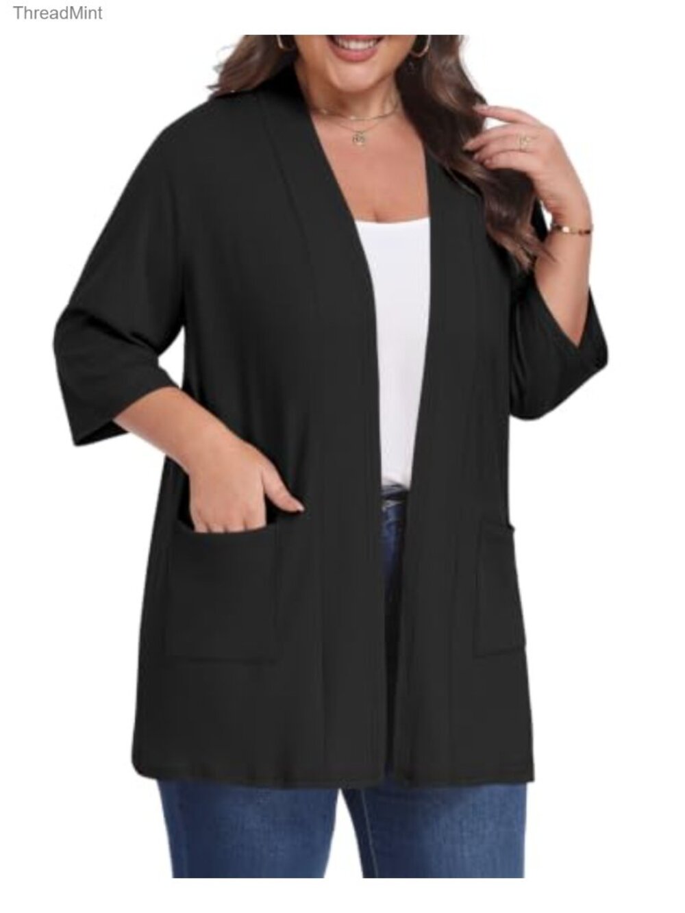 Women's Plus Size 3/4 Sleeve Lightweight Cardigan with Pockets